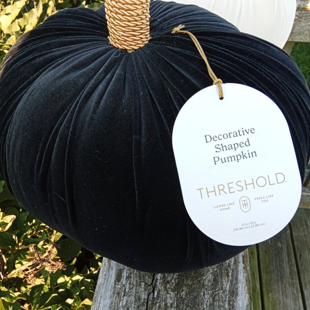 Big Fall Decor Plush Pumpkins Black White Velvet Feel Stem - Picture 2 of 8